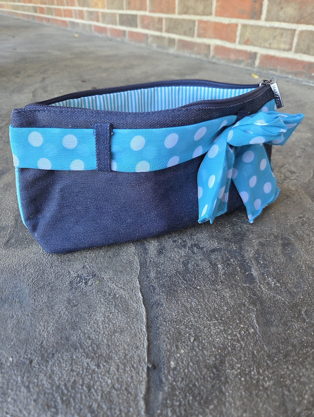 Mary Kay Denim Cosmetic Bag with Teal Polka Dot Bow